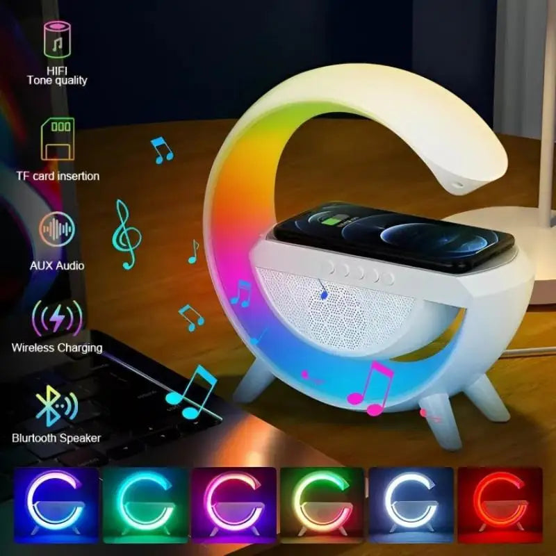 CAIXA DE SOM BLUETOOTH CARREGADOR SEM FIO RGB LUMINÁRIA DE LED ATMOSFÉRICA G-SPEAKER