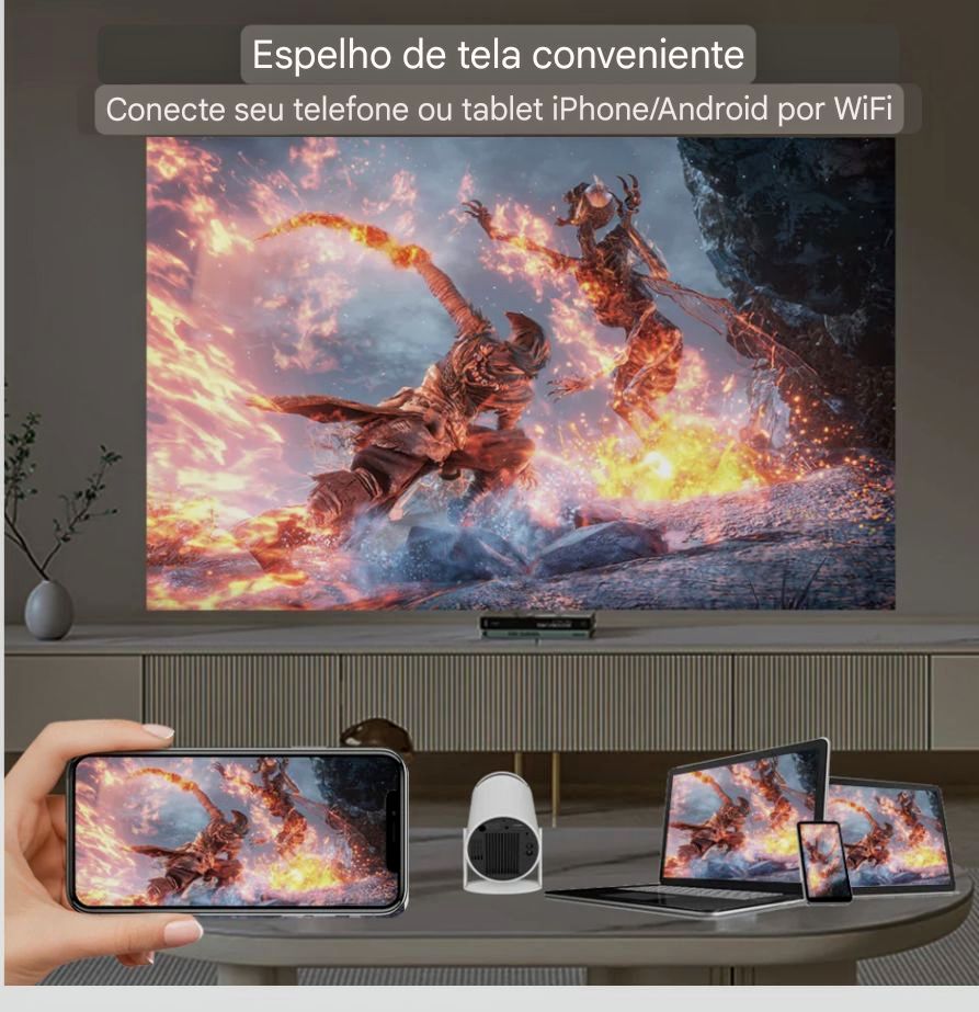Projetor 4K Portátil com Android 11: Transforme Qualquer Ambiente em uma Tela de Cinema