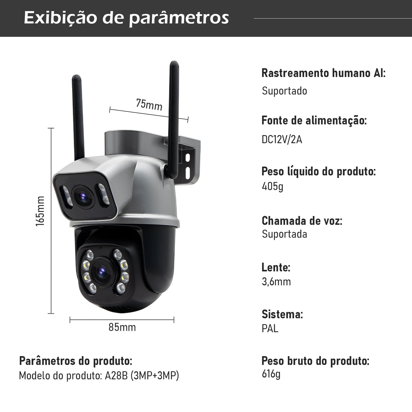Câmera IP A28 com Lente Dupla: Vigilância UHD 3MP, Rastreamento Humano e Resistência à Água